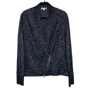 Eileen Fisher Wool Blend Asymmetrical Zip Ribbed Heathered Black Sweater